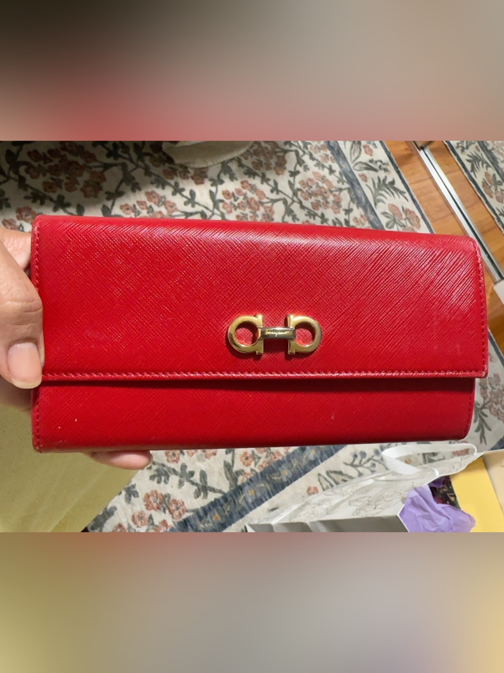 Vintage Salvatore Ferragamo Red Saffiano Leather Gancini Long Wallet Italy